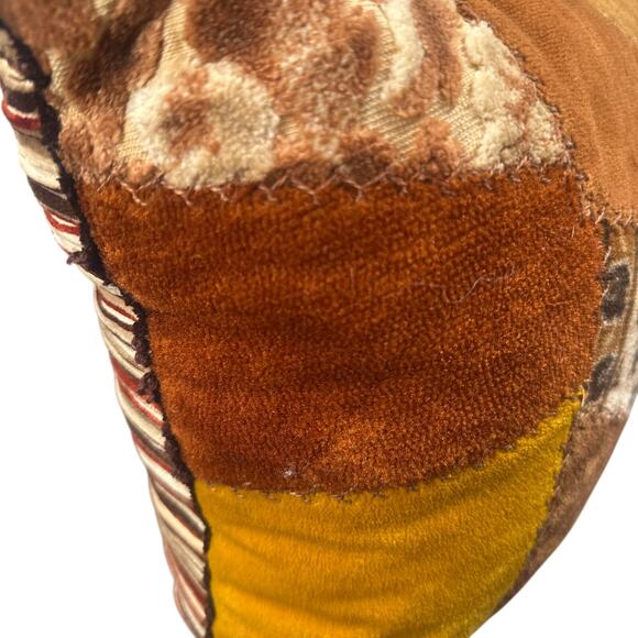 VTG Patchwork Throw Pillow 14” Brown Orange Yellow Striped Retro Boho Velour 70s - Picture 12 of 16